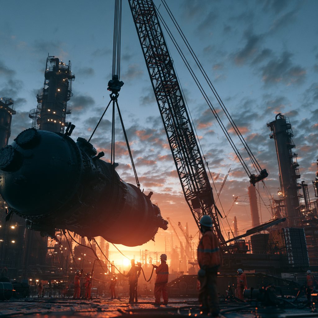 Crew setting a large vessel at dusk